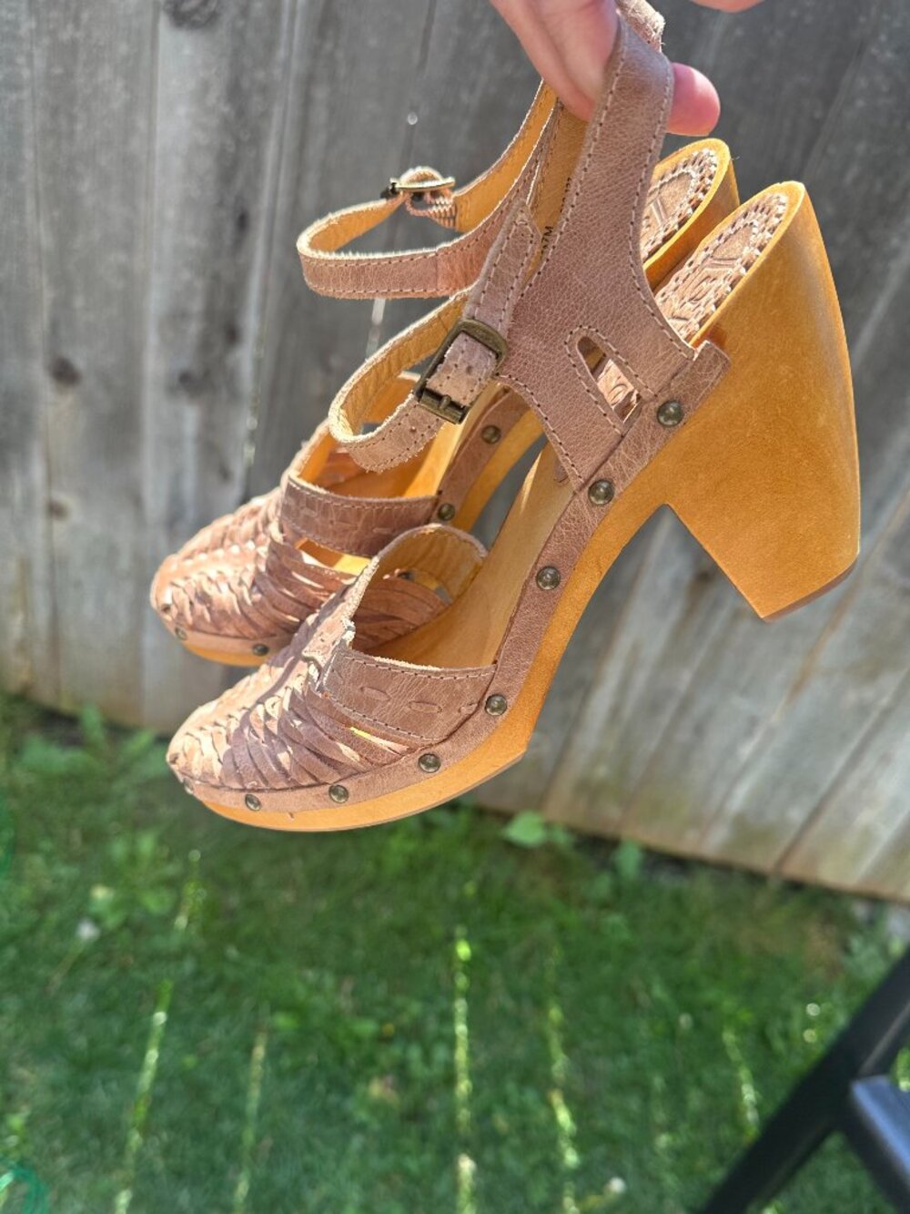 Latigo Costa Tan Leather Woven Huarache Wooden Clog Heel Sandals Women's 7M
